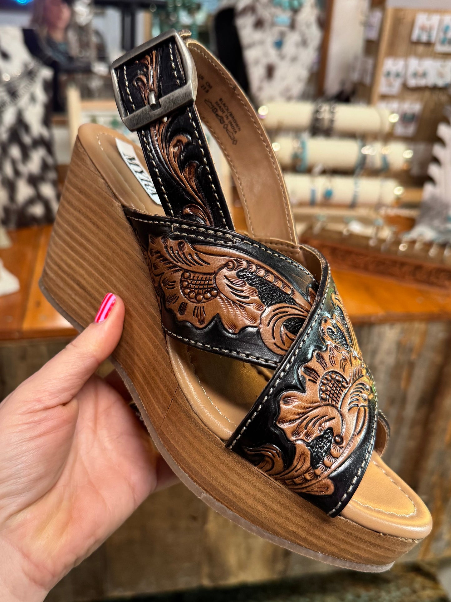 Flower Ridge Hand Tooled Wedge Sandals