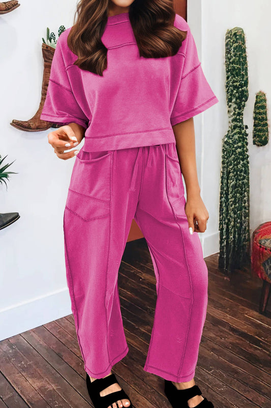 The Jordan Set- A Drop Shoulder Boxy Tee and Barrel Pants Set Rose Red