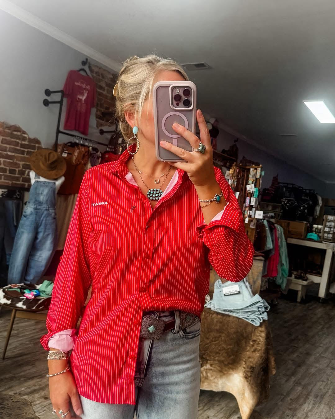 Venttek LS Shirt- Equestrian Red Stripe