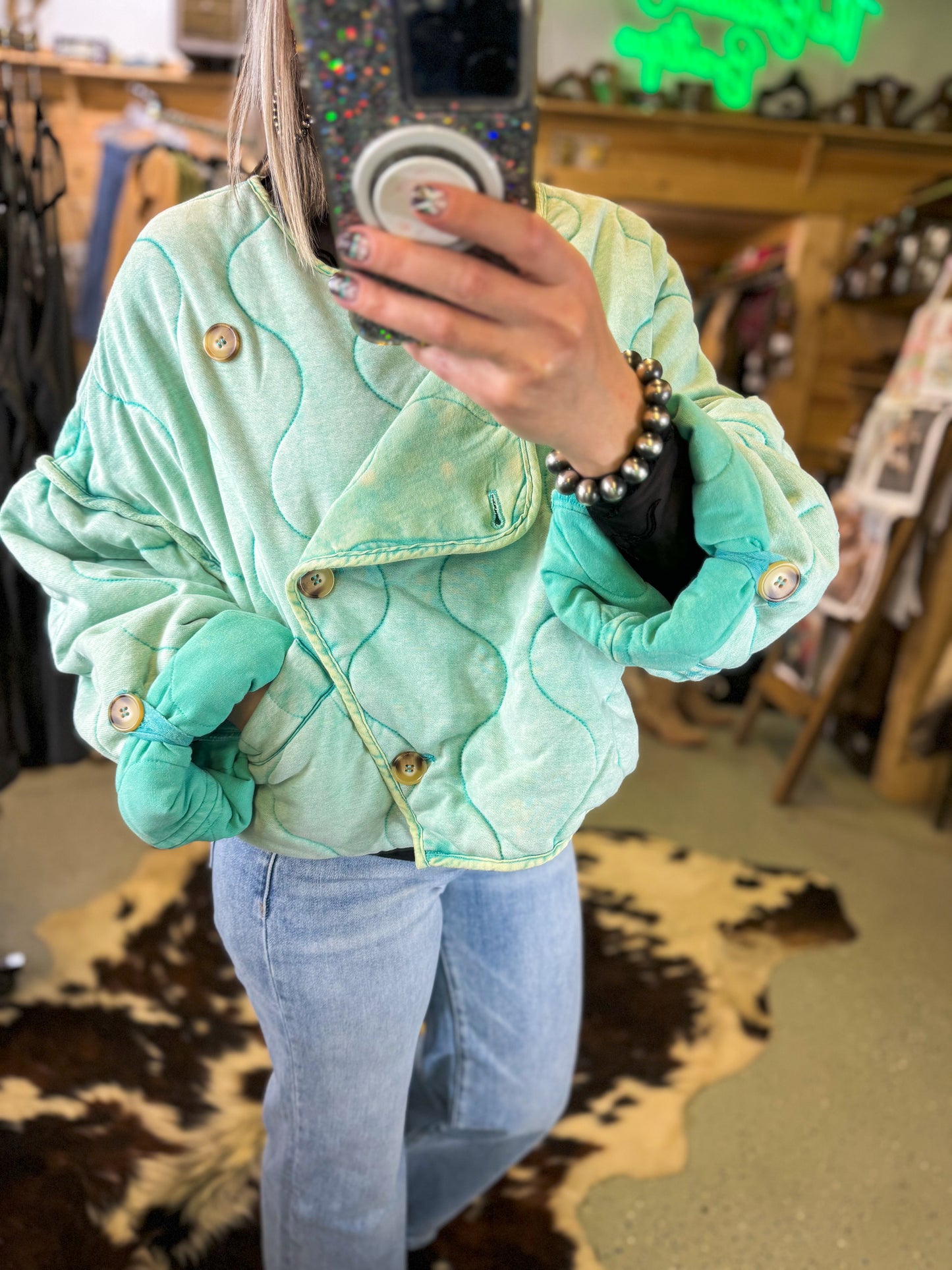 Quilted Semi-Cropped Teal Jacket