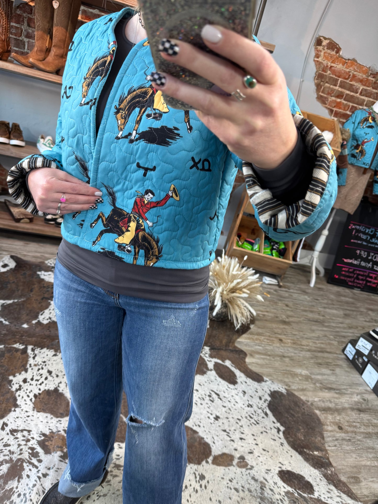 Lazy J Quilted Teal Cropped Jacket