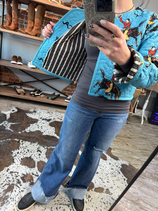 Lazy J Quilted Teal Cropped Jacket