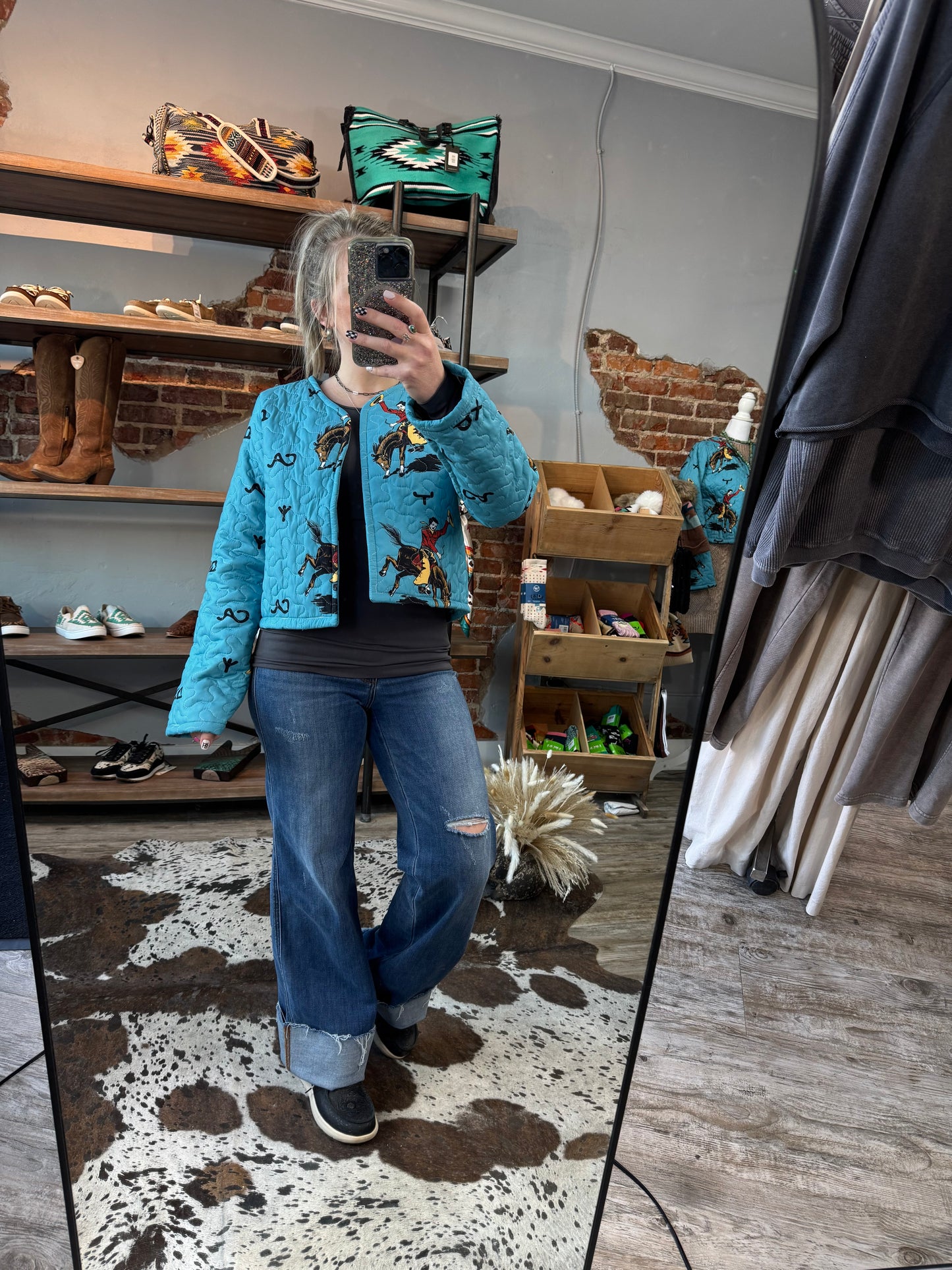 Lazy J Quilted Teal Cropped Jacket