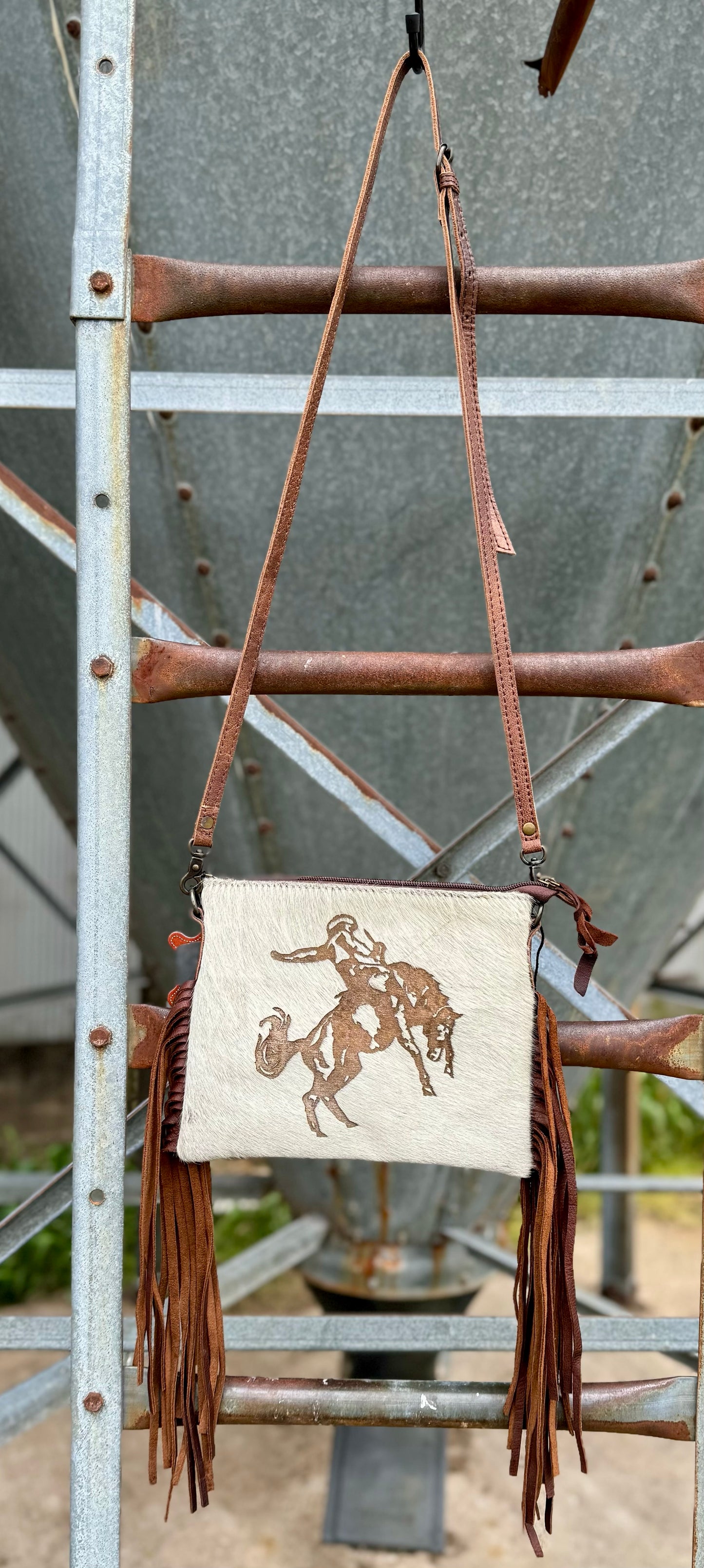 White Hair-On Bucking Horse Purse with Fringe