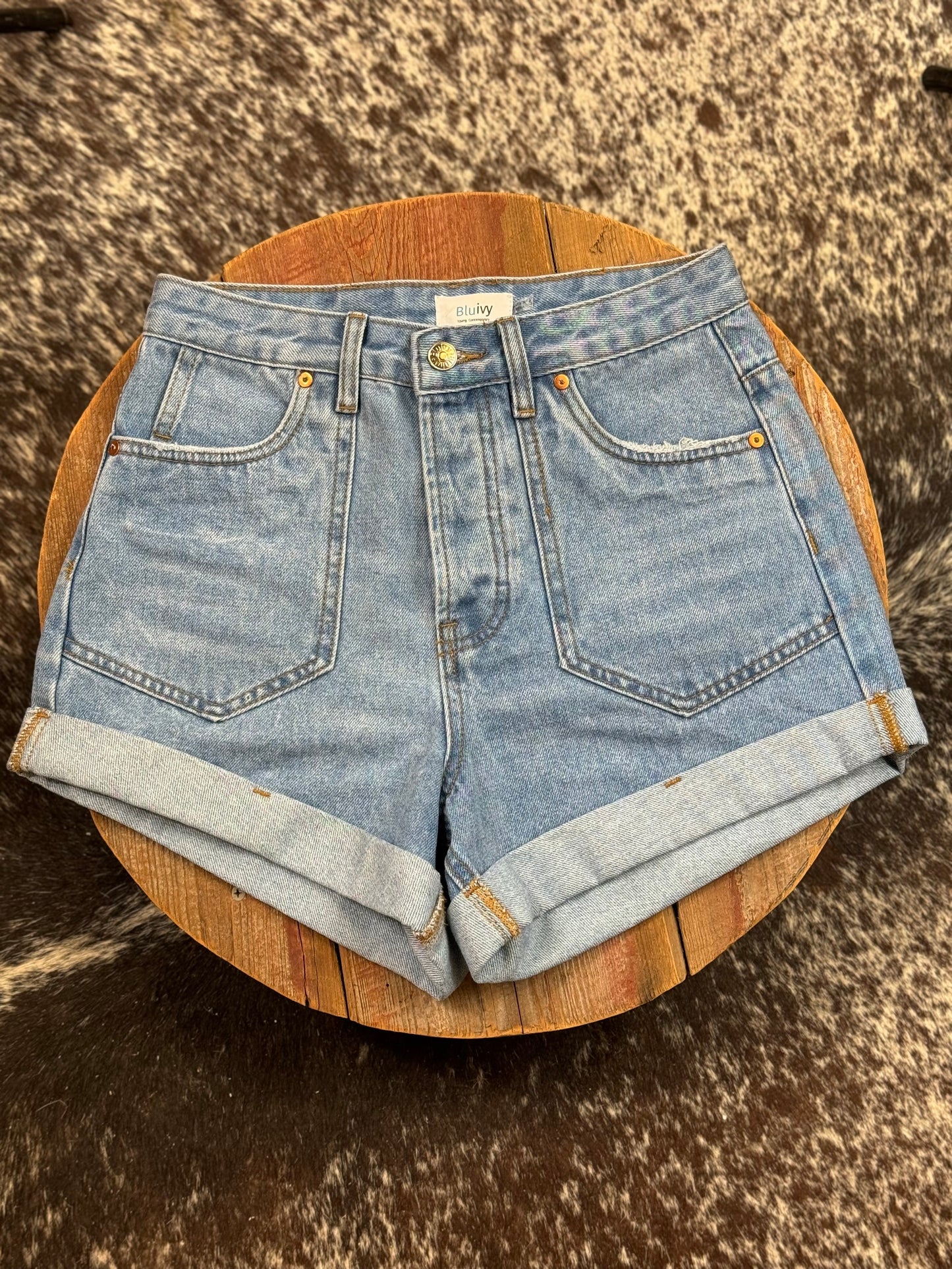 High Waist Rolled Hem Denim Shorts Light Wash