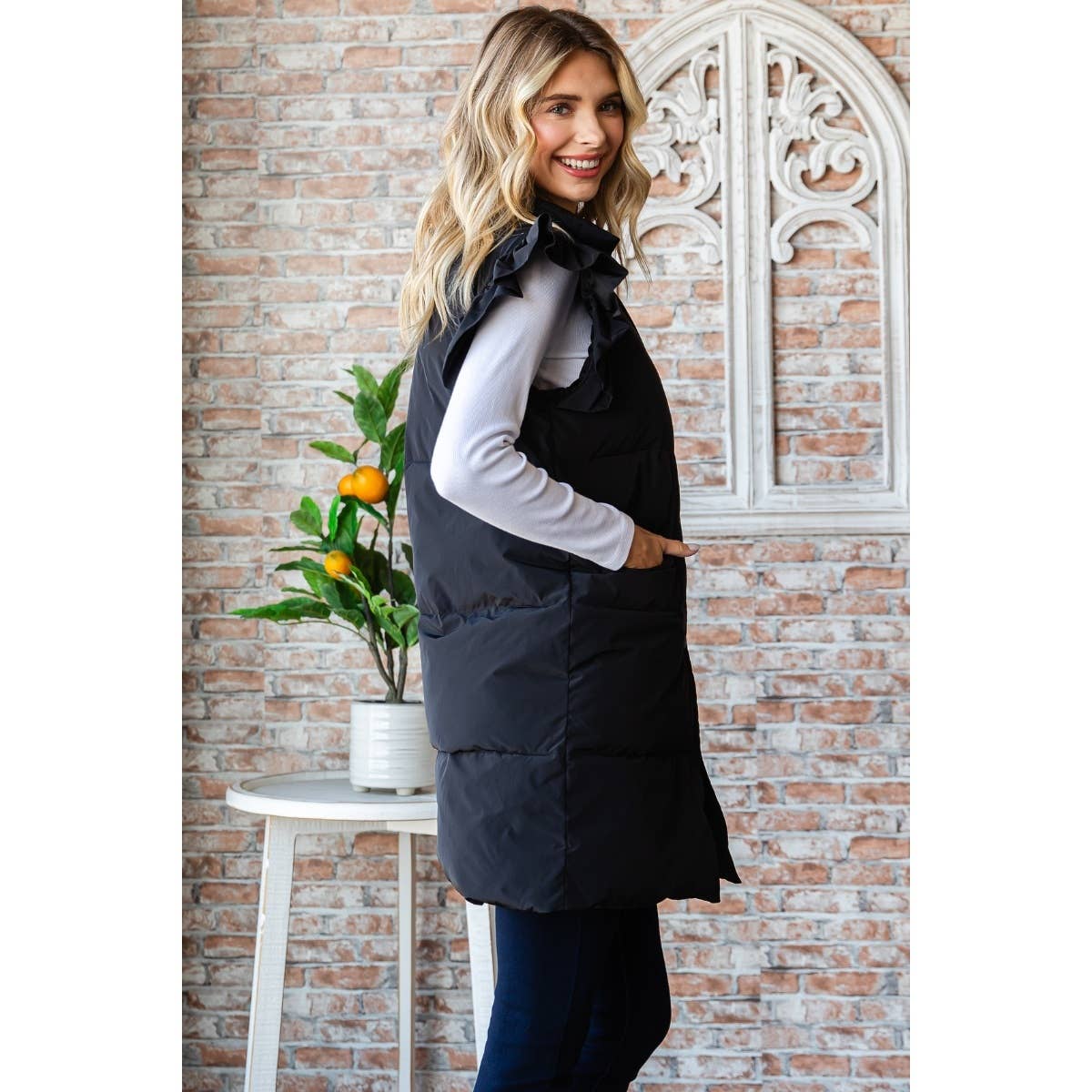 Ruffle Sleeve Puffer Long Vest