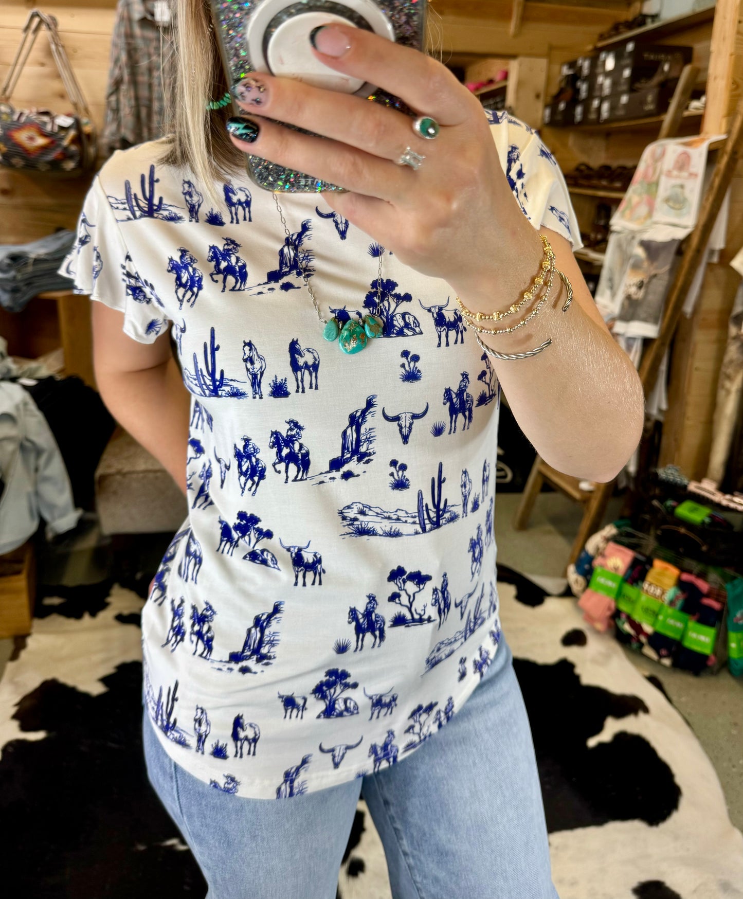 Gettin' Western Toile Flutter Sleeve Top