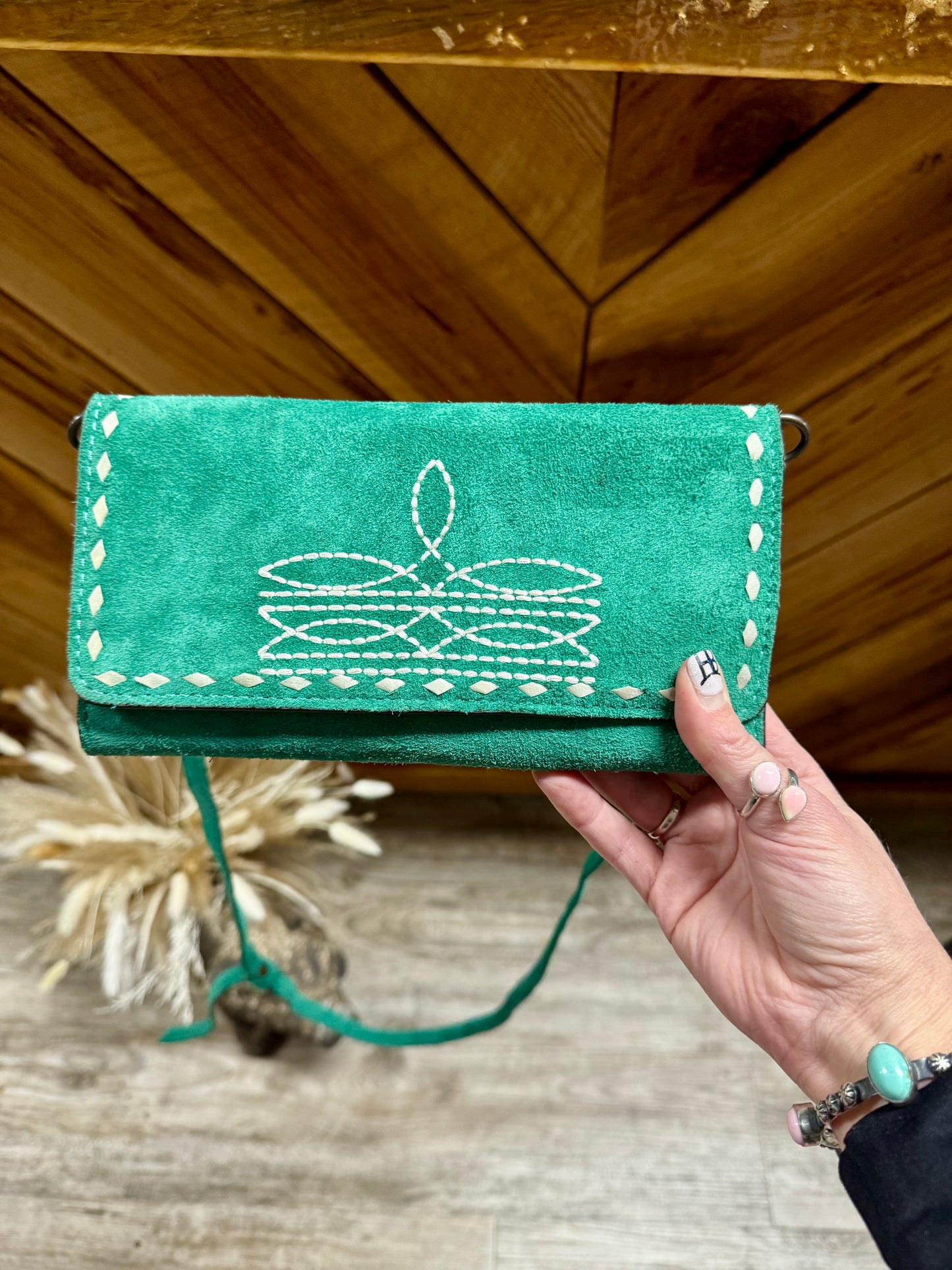 Suede Boot Stitch Crossbody Wallet