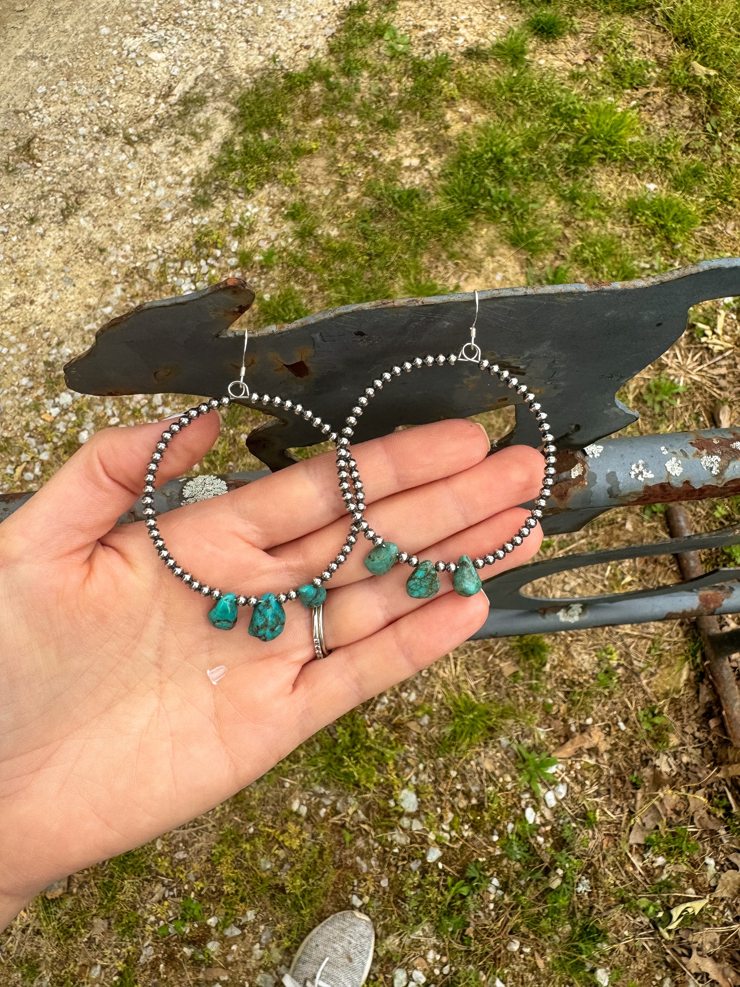 Navajo and Teardrop Turquoise Hoop Earrings