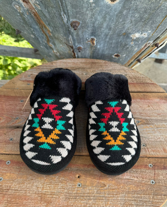 Tribal Print Black Knitted Slippers