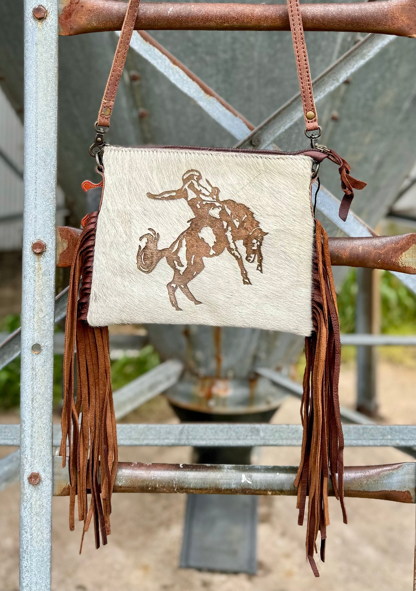 White Hair-On Bucking Horse Purse with Fringe