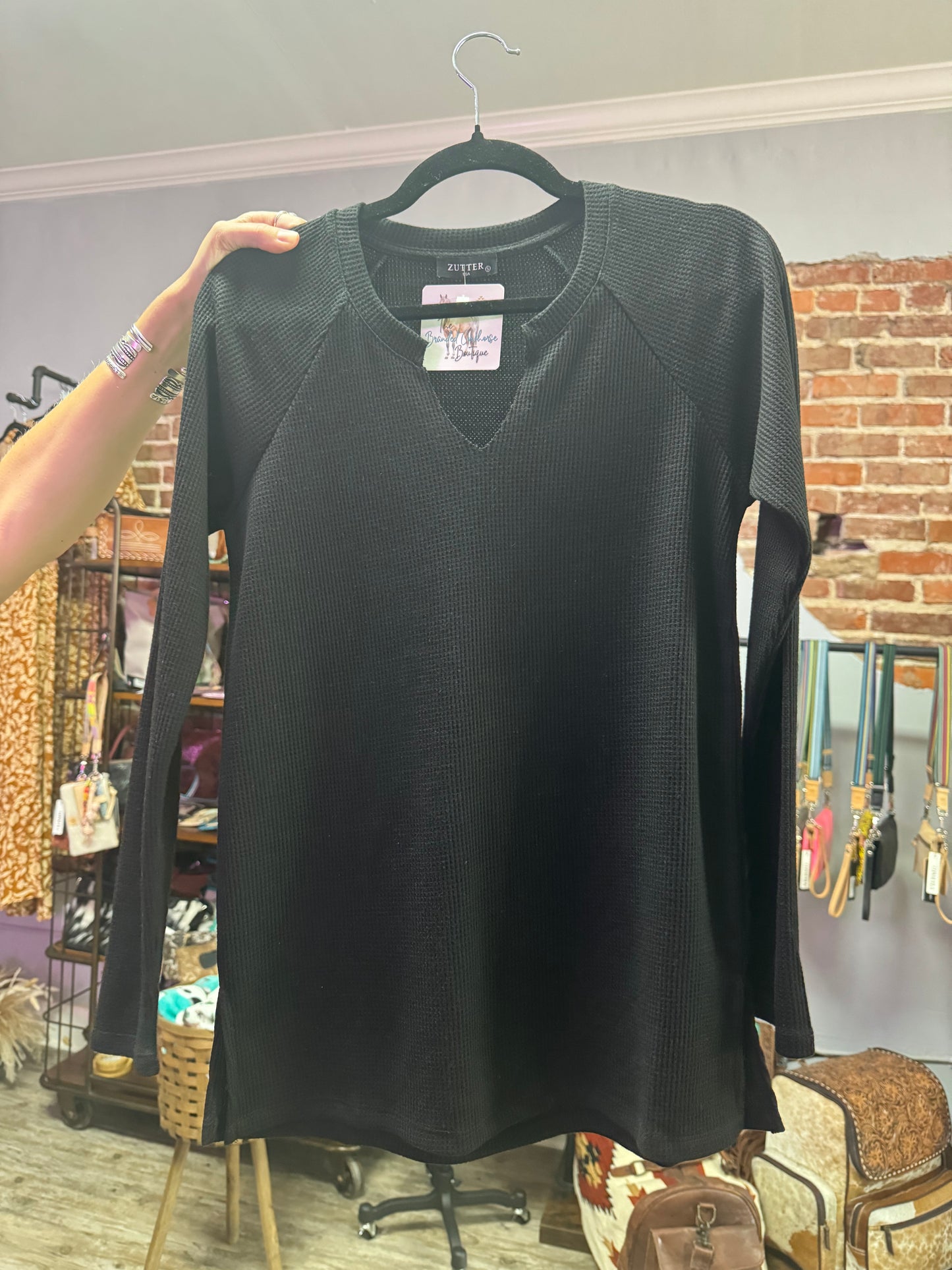 Waffle Knit Long Sleeve Thermal Top