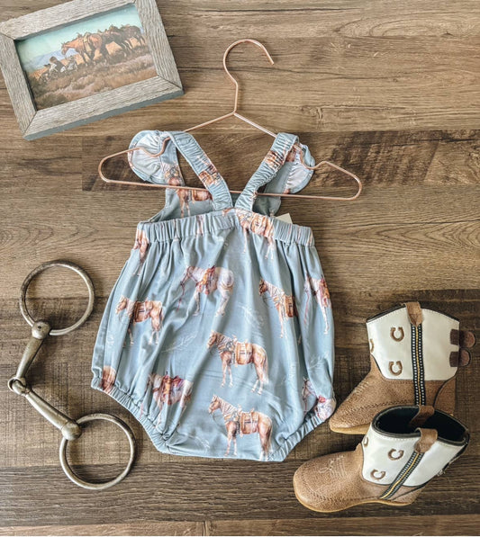 Watercolor Ranch Horses Bamboo Ruffle Bubble Romper