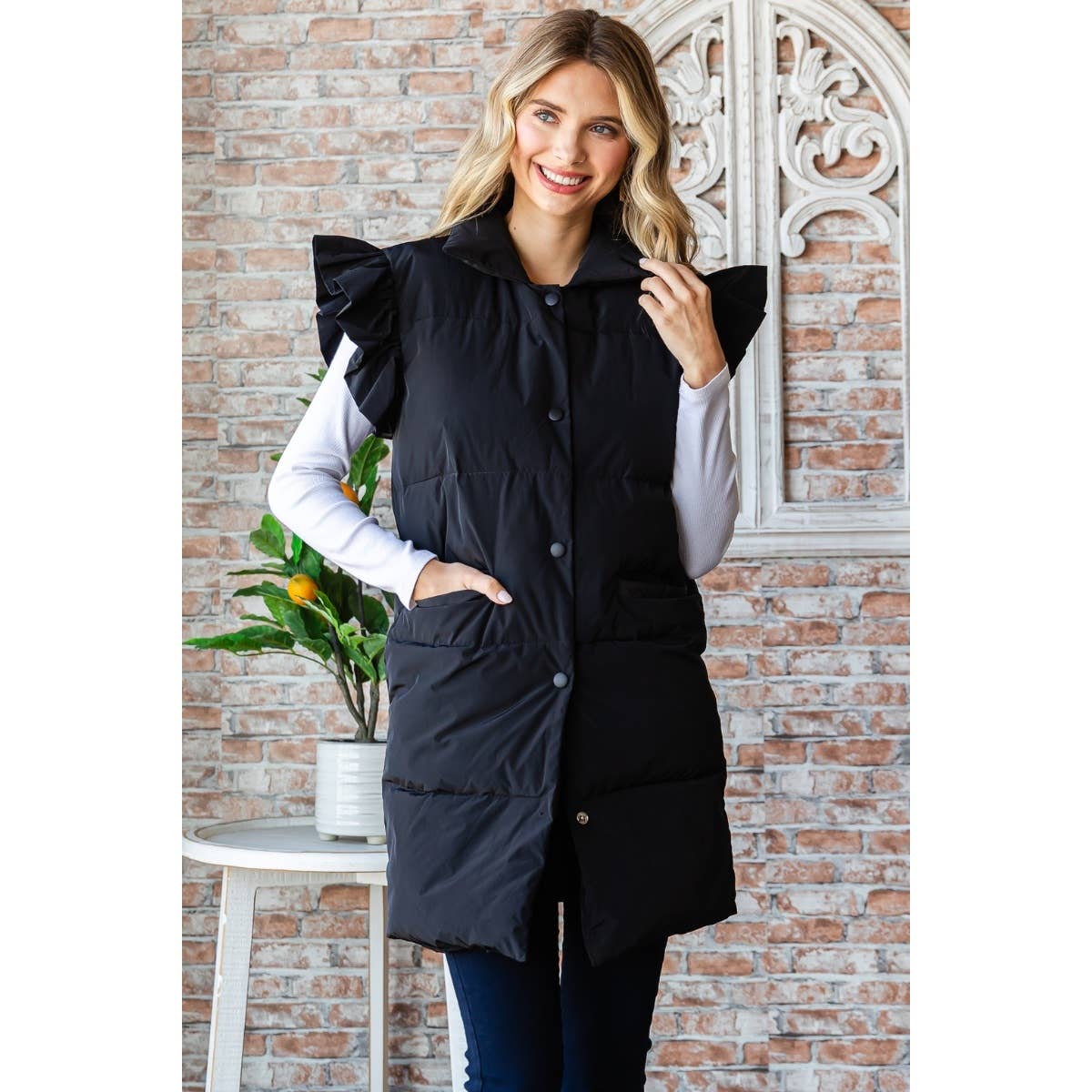 Ruffle Sleeve Puffer Long Vest