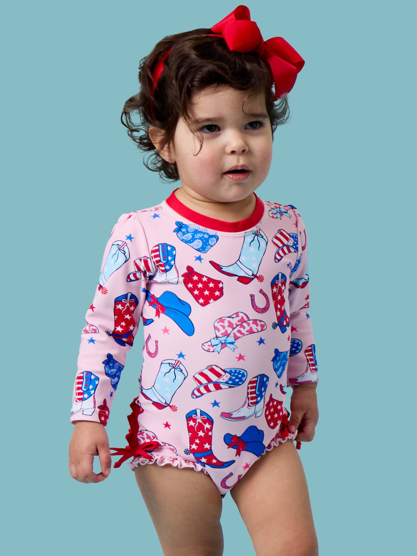 Baby Girls Pink Stars & Spurs Long Sleeve One Piece Rash Guard Swimsuit with Signature Rear Ruffles