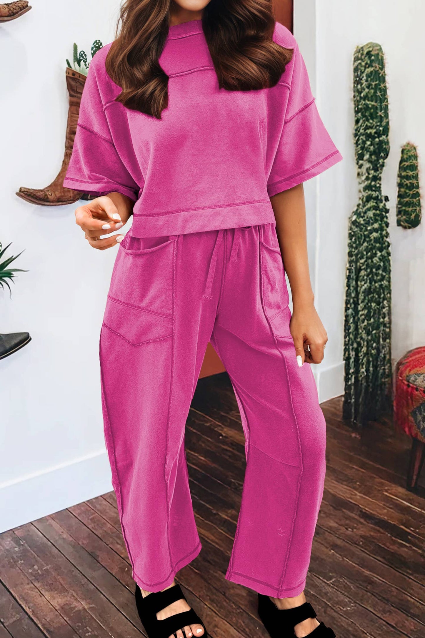 The Jordan Set- A Drop Shoulder Boxy Tee and Barrel Pants Set Rose Red