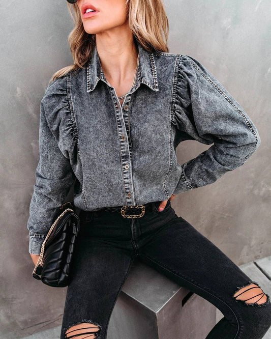 The Perfect Fall Denim Top - Denim Pockets Lapel Puff Sleeve