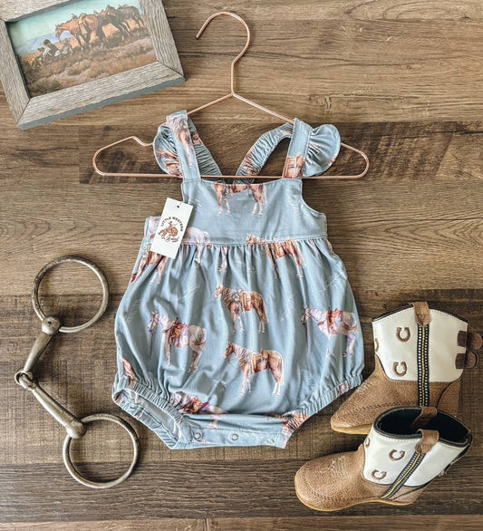 Watercolor Ranch Horses Bamboo Ruffle Bubble Romper