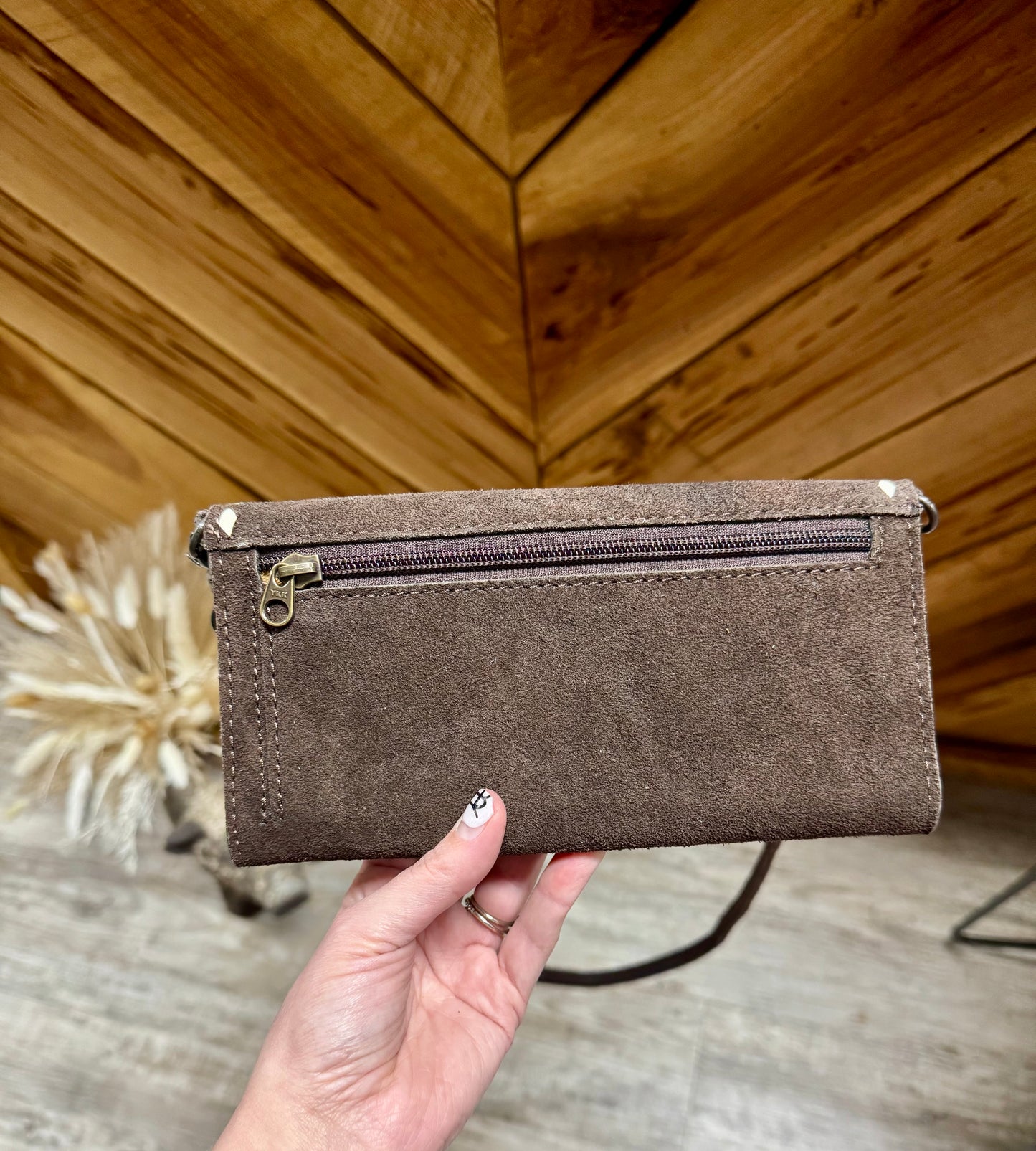 Suede Boot Stitch Crossbody Wallet