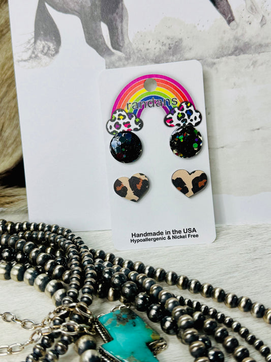 Cheetah Heart Stud Earrings Set