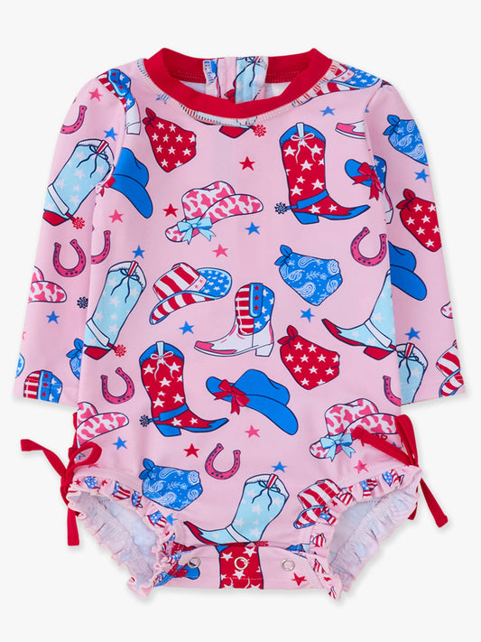 Baby Girls Pink Stars & Spurs Long Sleeve One Piece Rash Guard Swimsuit with Signature Rear Ruffles