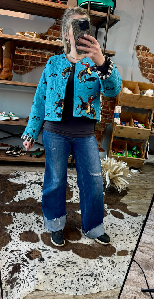 Lazy J Quilted Teal Cropped Jacket