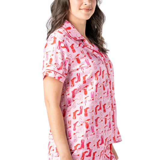Pink Boots & Bubbles Satin Pajama Top