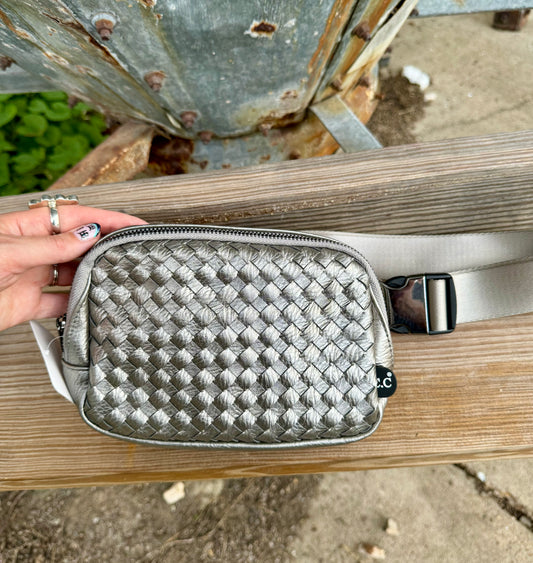 Woven Leather Fanny Pack Silver