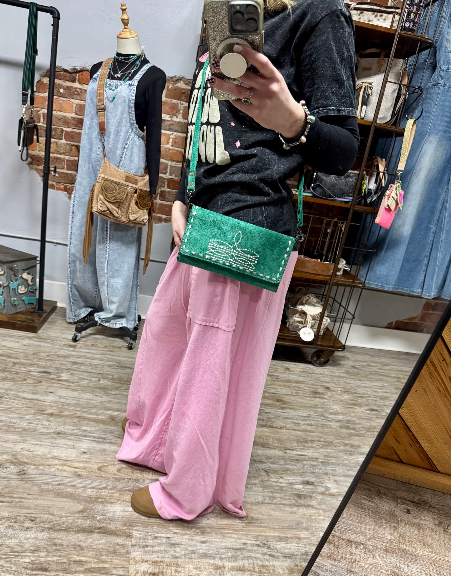 Suede Boot Stitch Crossbody Wallet