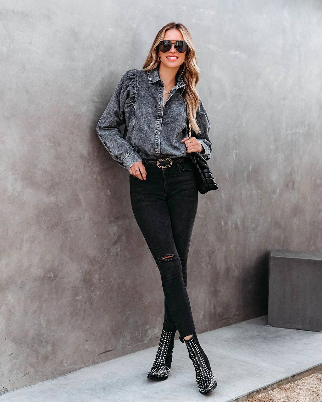 The Perfect Fall Denim Top - Denim Pockets Lapel Puff Sleeve