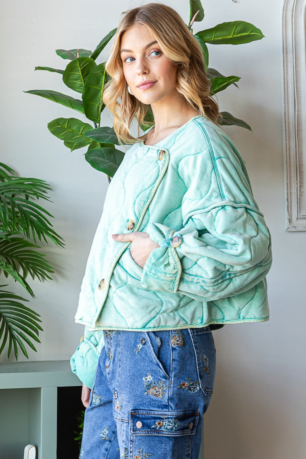 Quilted Semi-Cropped Teal Jacket