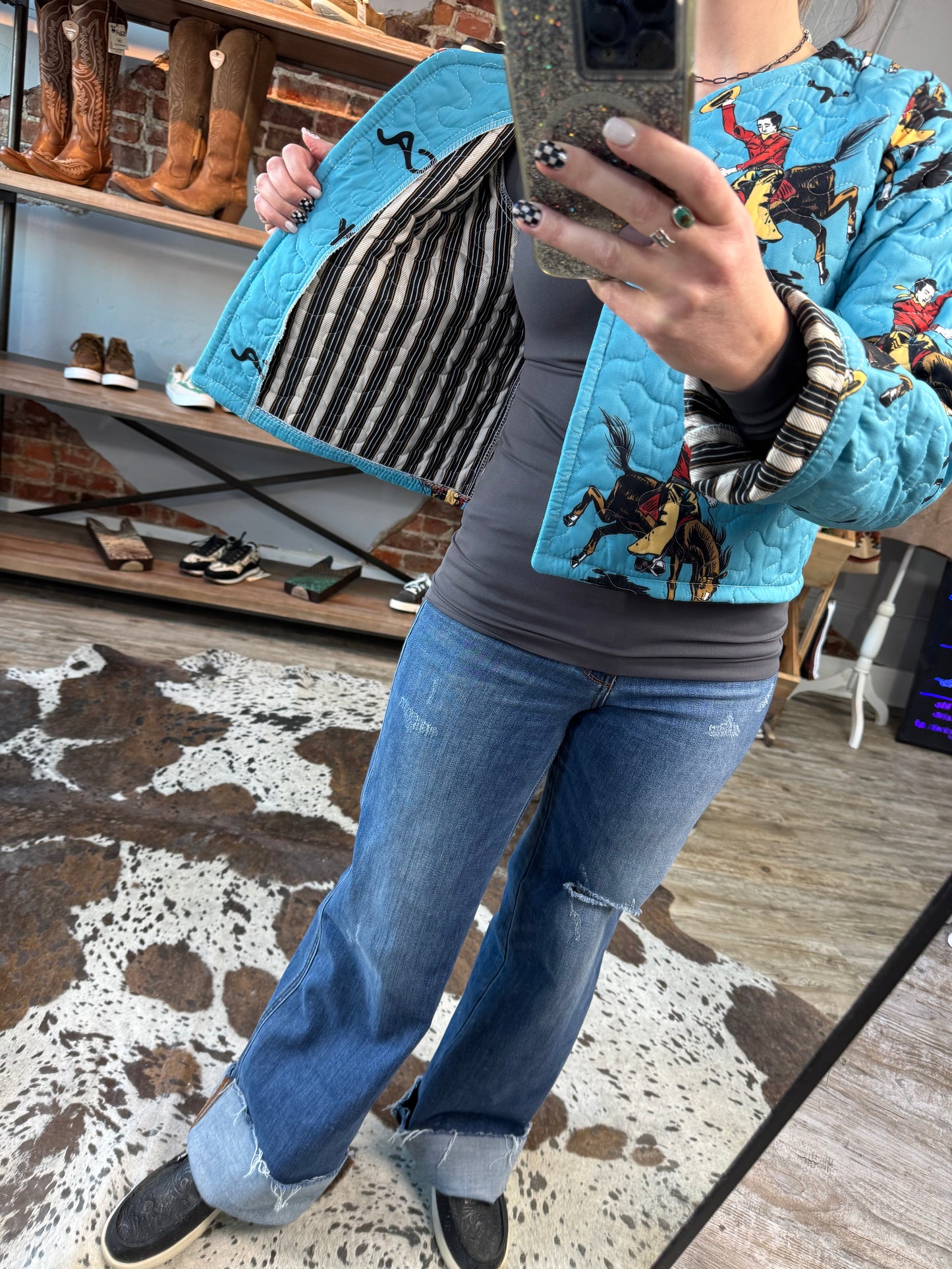 Lazy J Quilted Teal Cropped Jacket