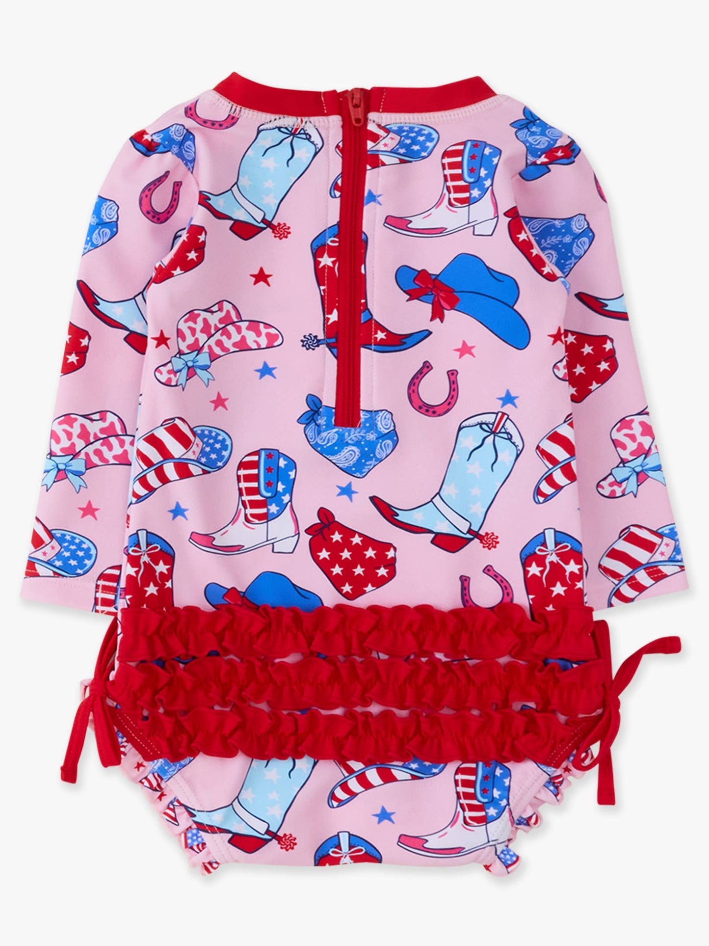 Baby Girls Pink Stars & Spurs Long Sleeve One Piece Rash Guard Swimsuit with Signature Rear Ruffles