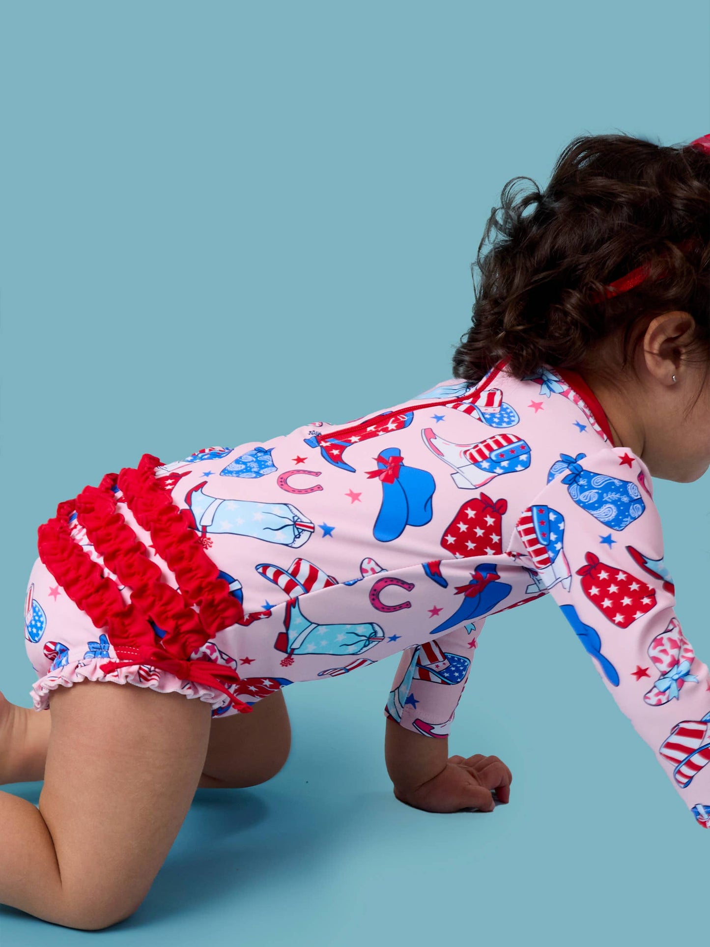 Baby Girls Pink Stars & Spurs Long Sleeve One Piece Rash Guard Swimsuit with Signature Rear Ruffles