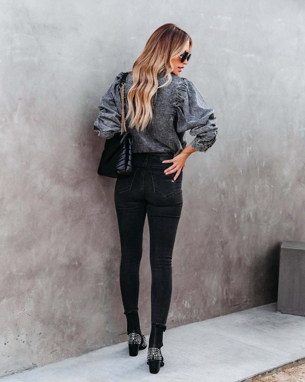 The Perfect Fall Denim Top - Denim Pockets Lapel Puff Sleeve
