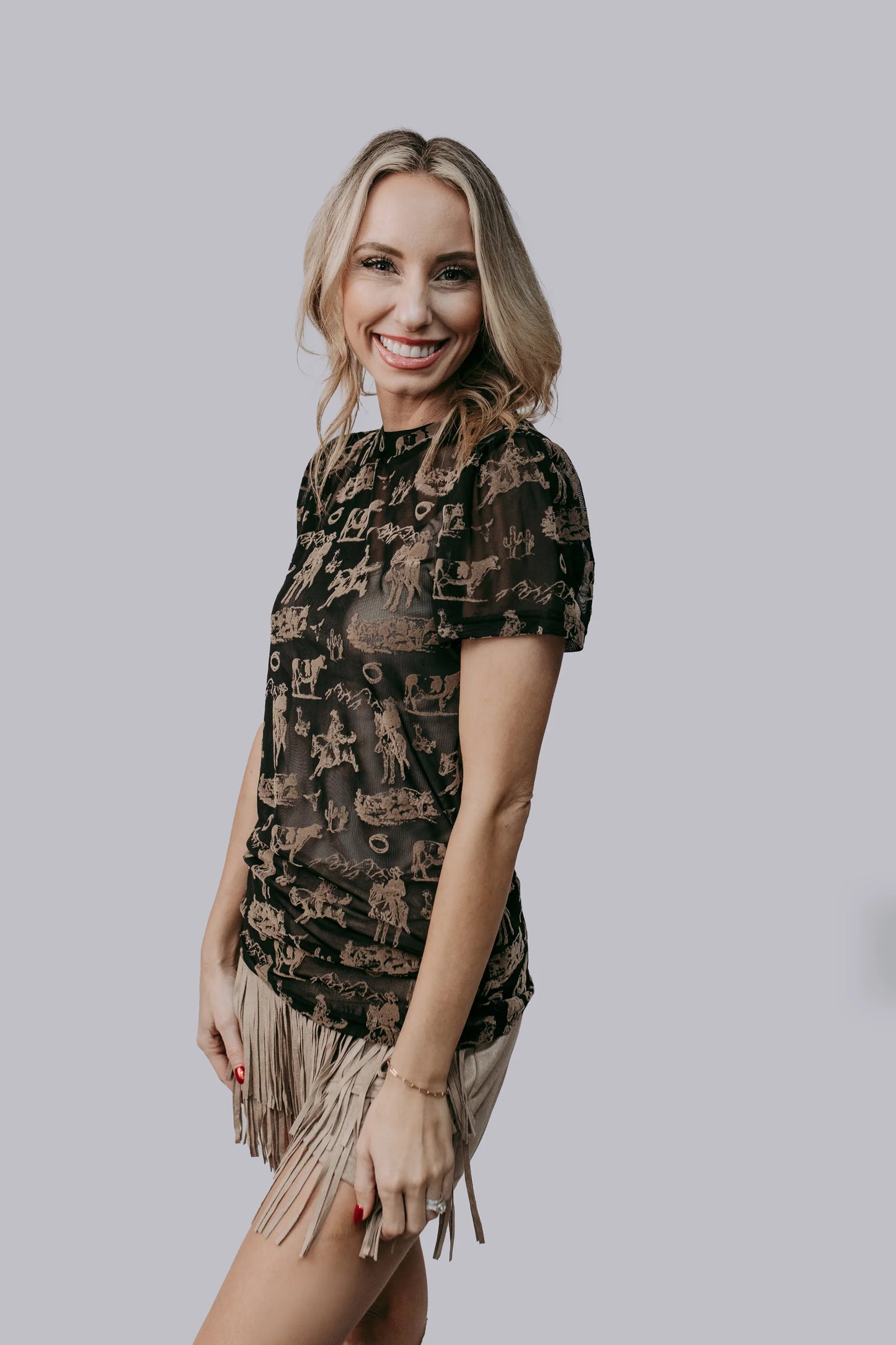 Puff Sleeve Western Scene Mesh Top