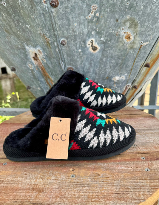 Tribal Print Black Knitted Slippers