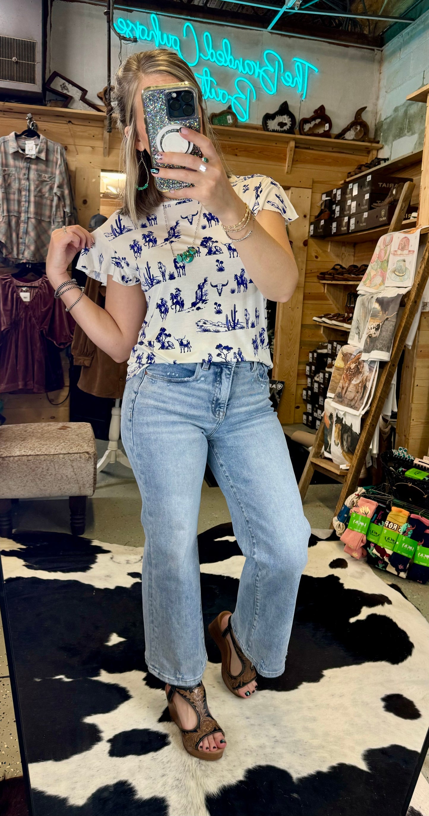 Gettin' Western Toile Flutter Sleeve Top