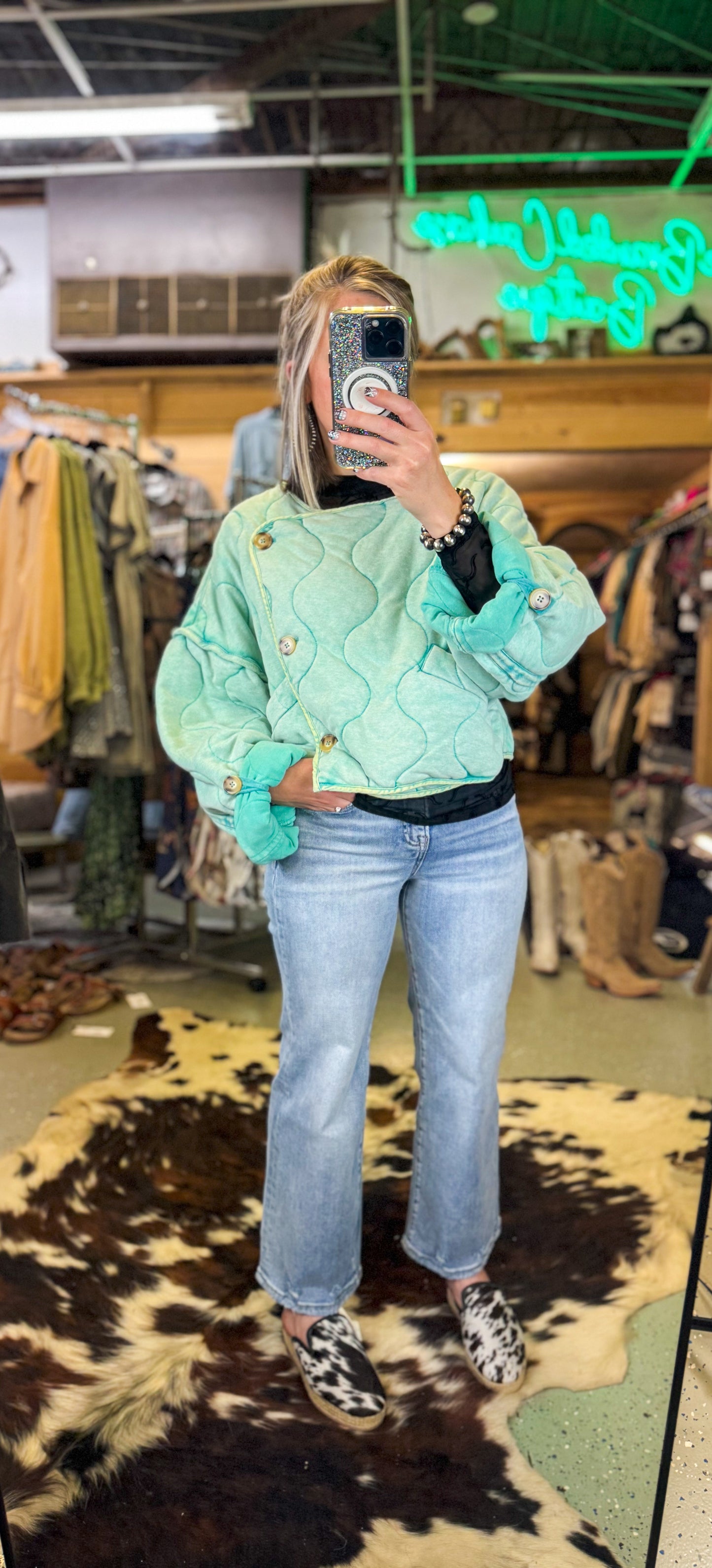 Quilted Semi-Cropped Teal Jacket