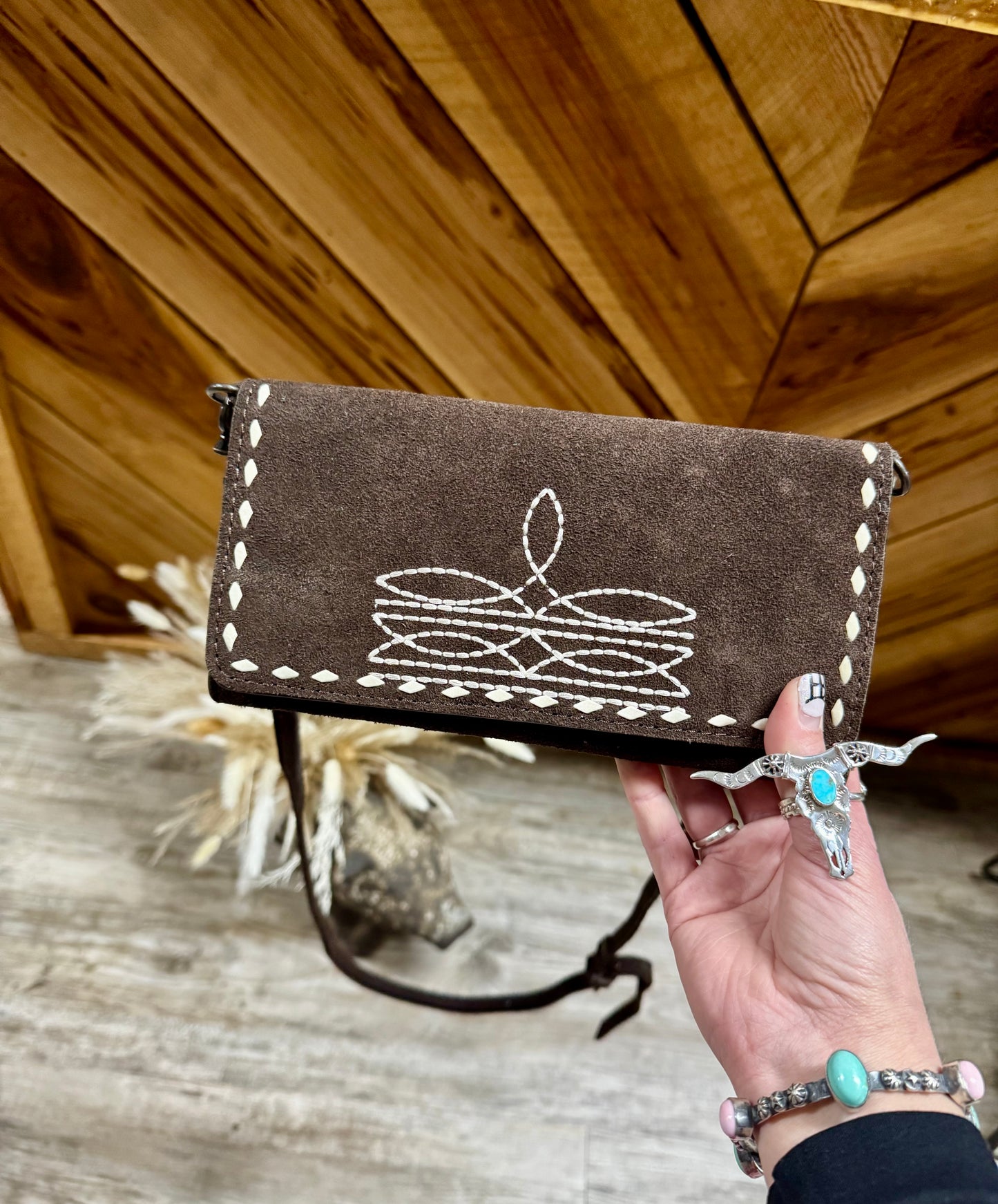 Suede Boot Stitch Crossbody Wallet