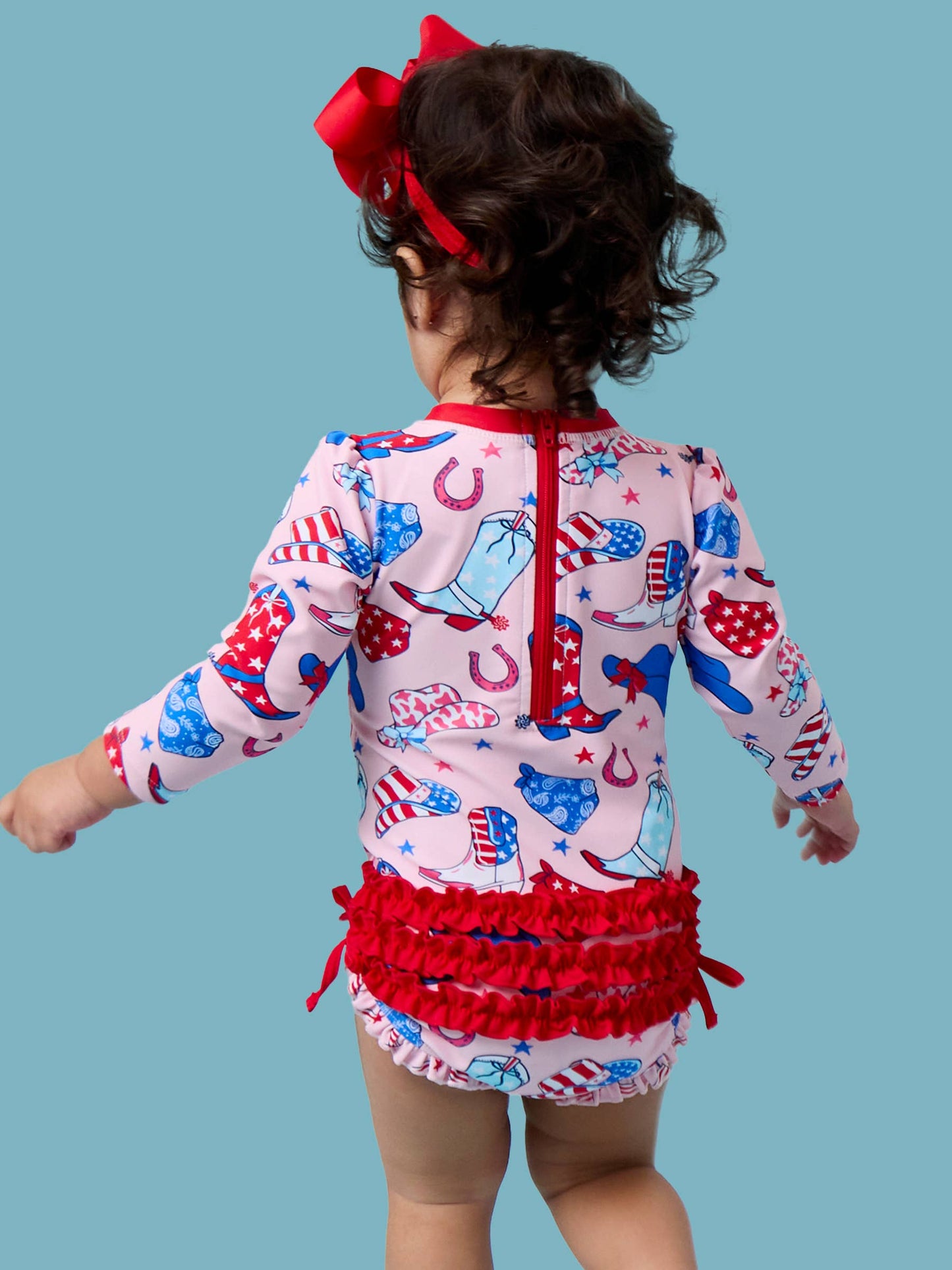 Baby Girls Pink Stars & Spurs Long Sleeve One Piece Rash Guard Swimsuit with Signature Rear Ruffles