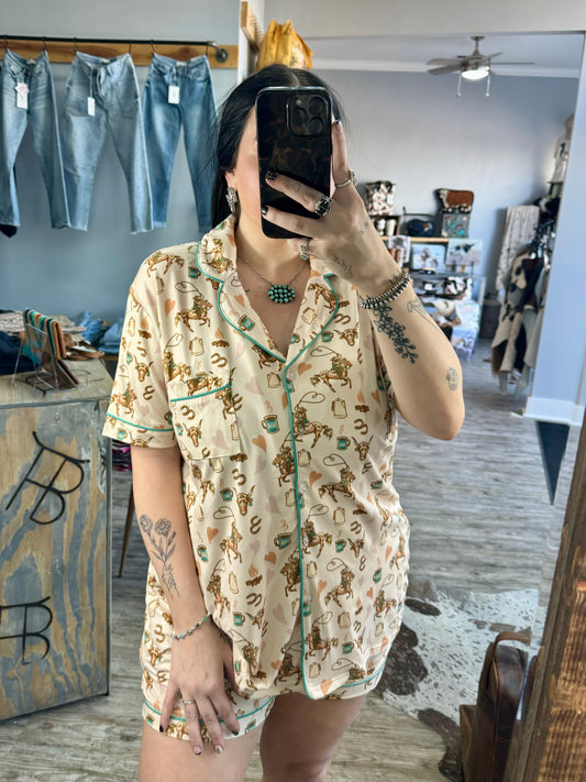 Coffee Cowgirl Pajama Shorts Set