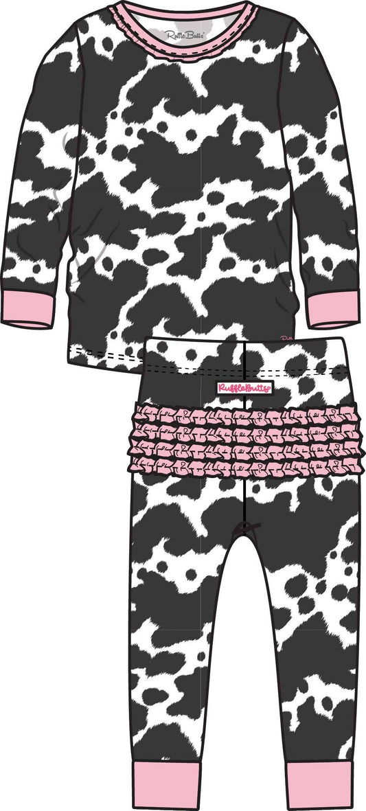 SoftSnooze™ Toddler Girls Bamboo Viscose Moo Crew Ruffle Long Sleeve Pajama Set with Signature Rear Ruffles