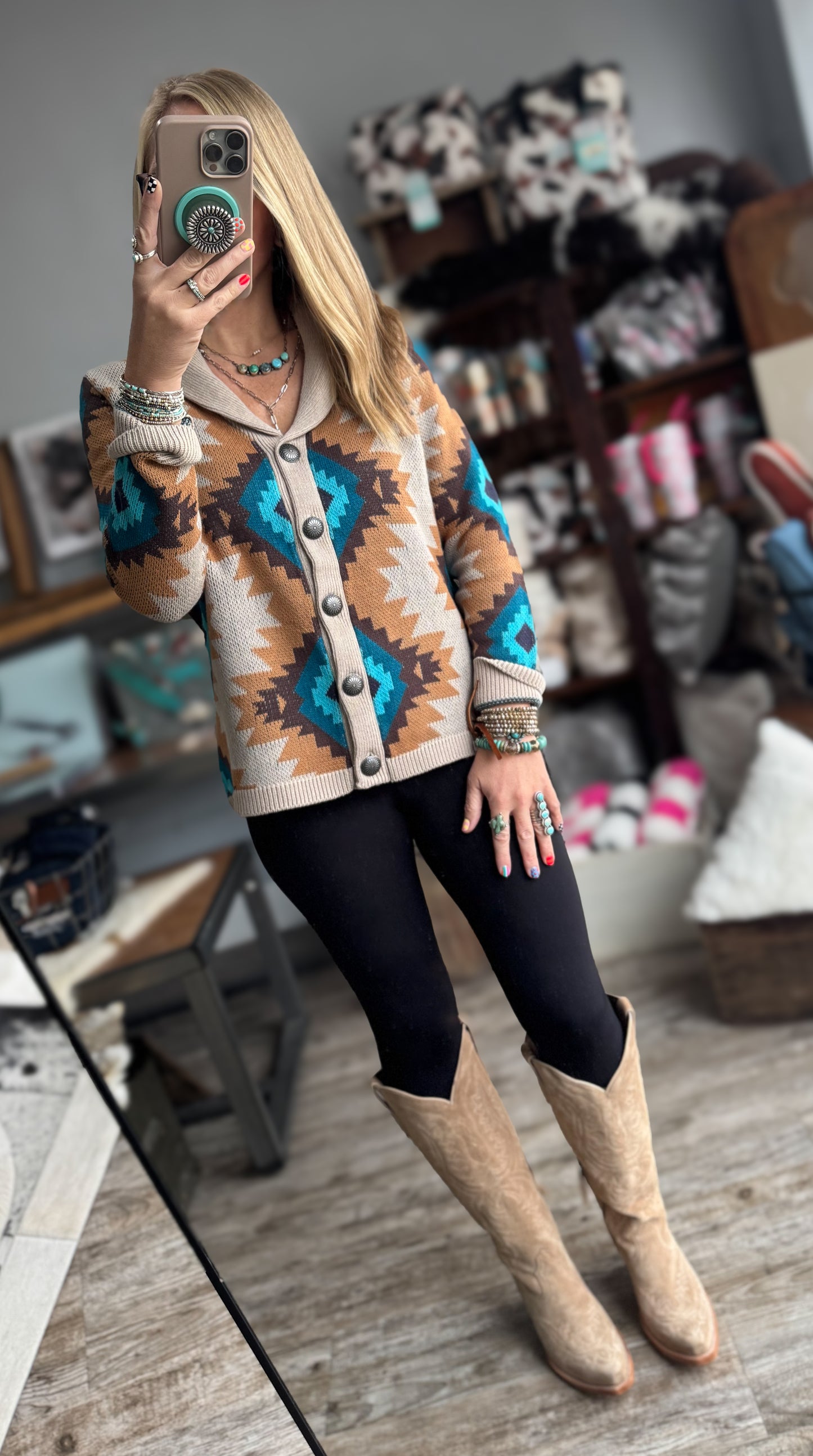 Aztec Cardigan Turquoise & Tan