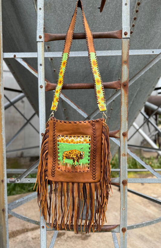 Genuine Leather Bag Hand Painted With Fringe 12x14