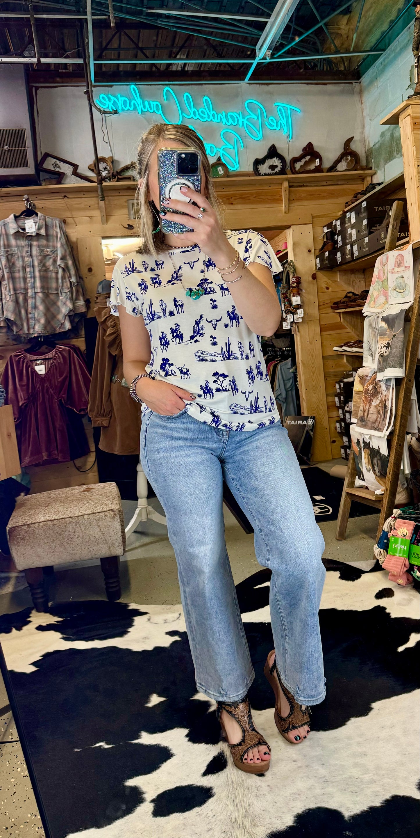 Gettin' Western Toile Flutter Sleeve Top
