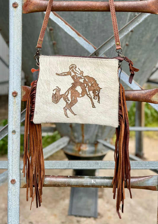 White Hair-On Bucking Horse Purse with Fringe