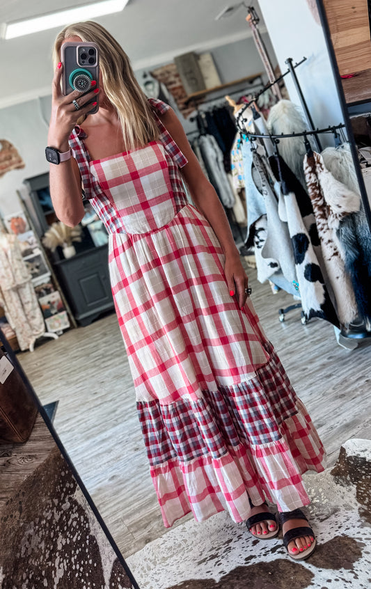 Red White & Boots Plaid Maxi Dress