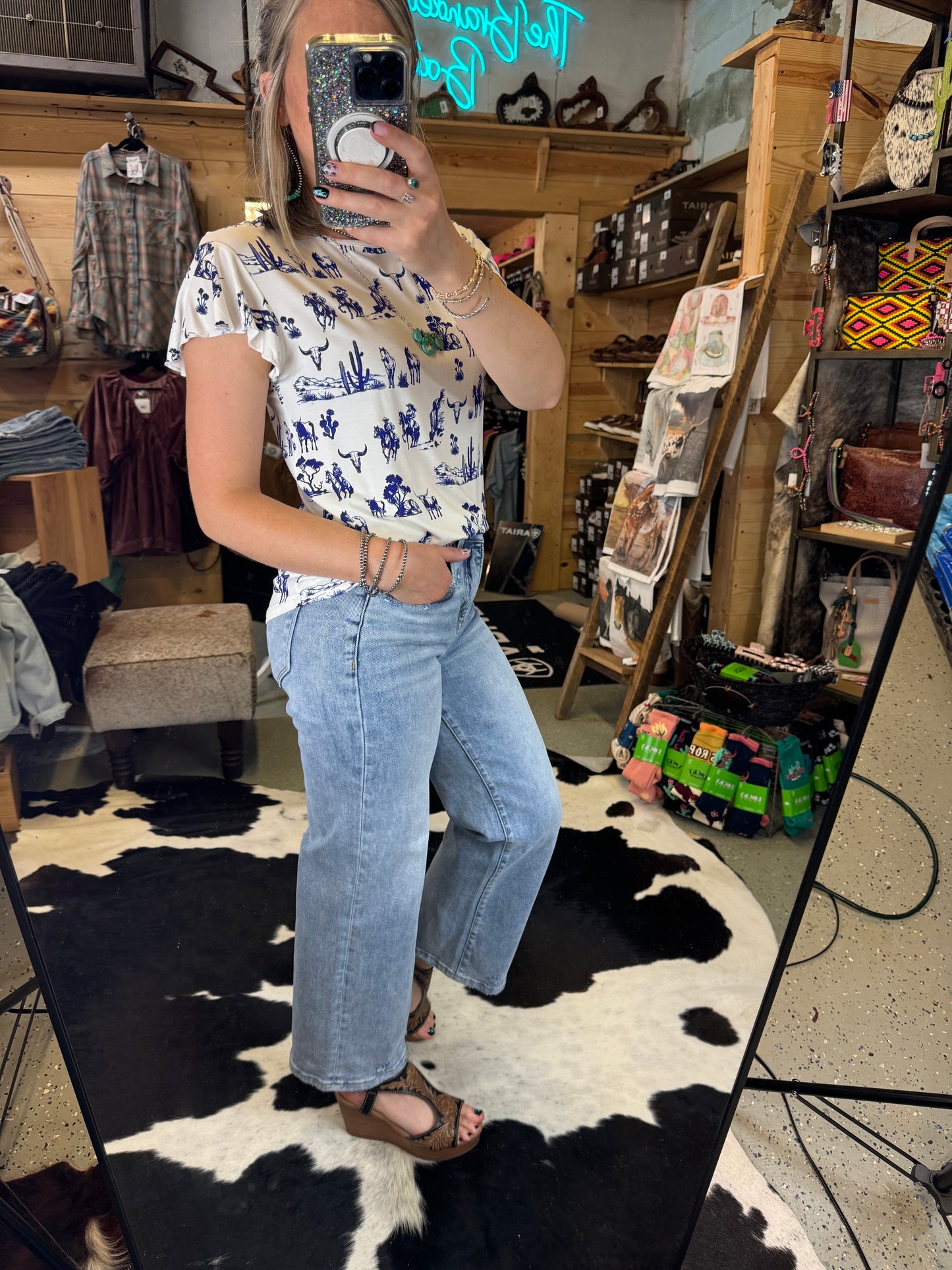 Gettin' Western Toile Flutter Sleeve Top