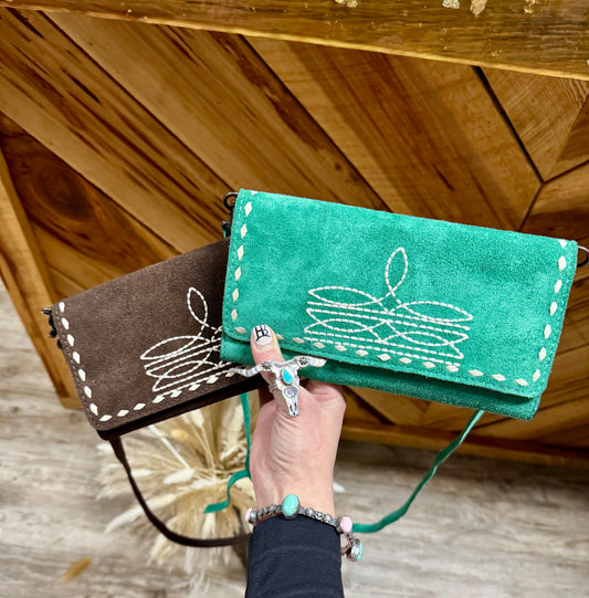 Suede Boot Stitch Crossbody Wallet